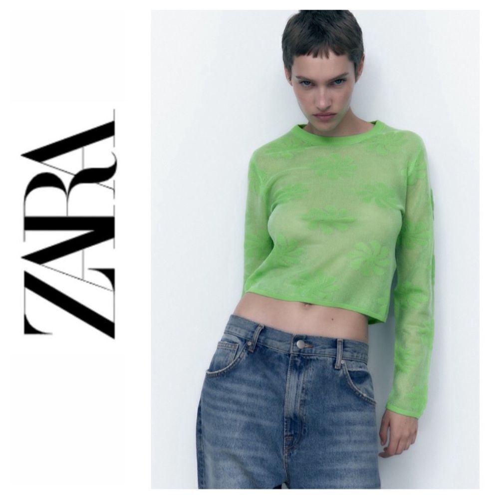 NWT Zara Floral Semi Sheer Mesh Metallic Effect Knit Long Sleeve Cropped Sweater